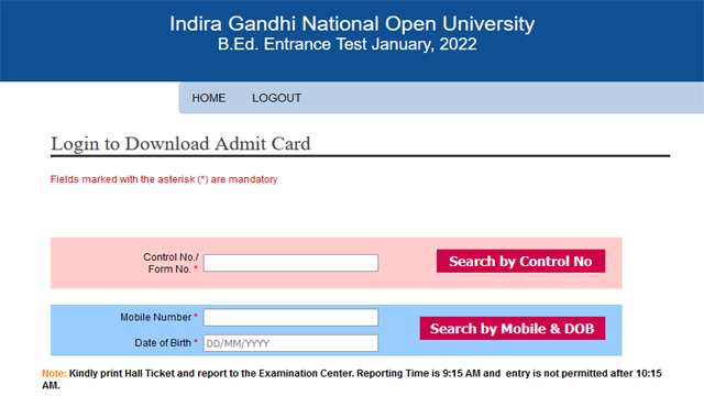 IGNOU BEd Admit card 2022