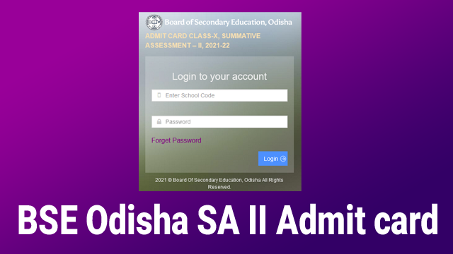 BSE Odisha SA 2 Admit card 2022