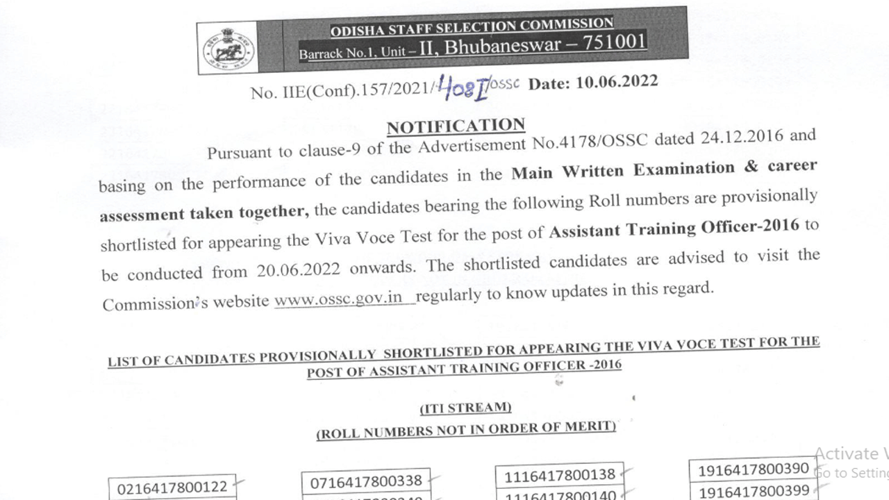 OSSC Assistant Training Officer Result