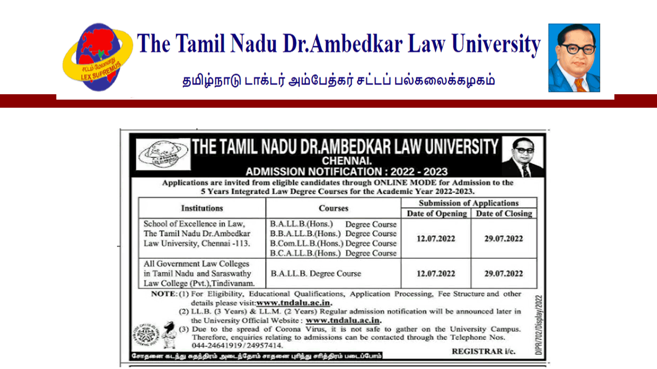 TNDALU admission 2022-23 counselling date