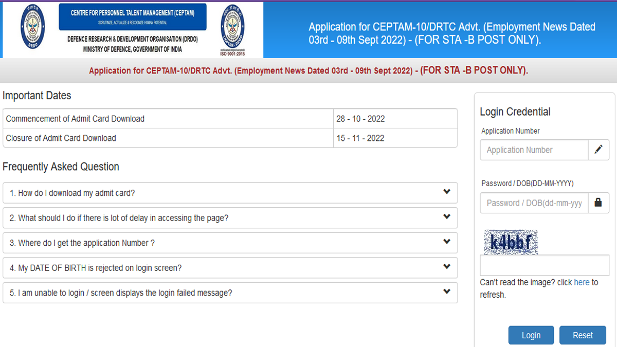 DRDO CEPTAM 10 Admit Card